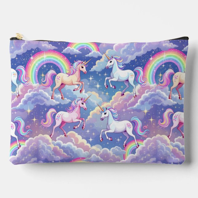 Sparkly rainbow and unicorns on clouds accessory pouch (Front)