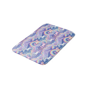 Sparkly rainbow and unicorns on clouds bath mat