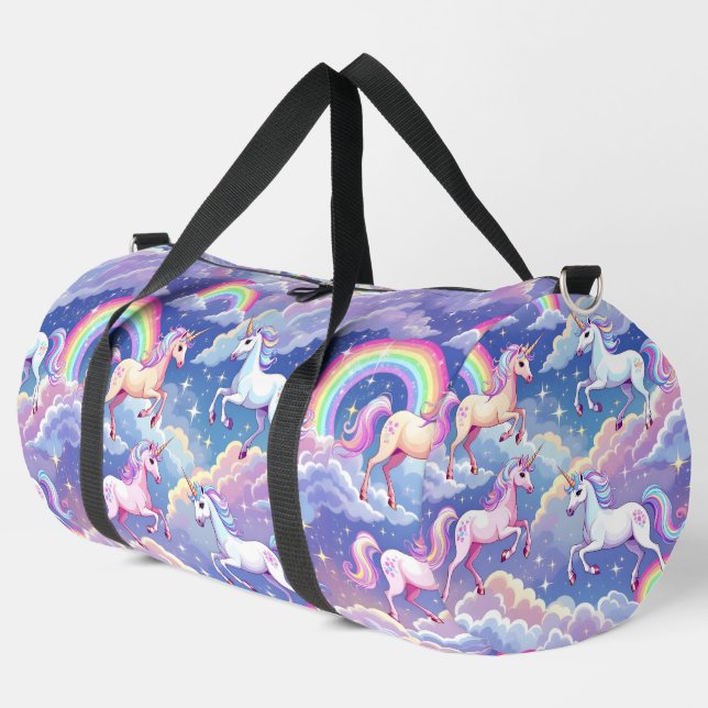 Sparkly rainbow and unicorns on clouds duffle bag (Left Corner)