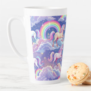 Sparkly rainbow and unicorns on clouds latte mug