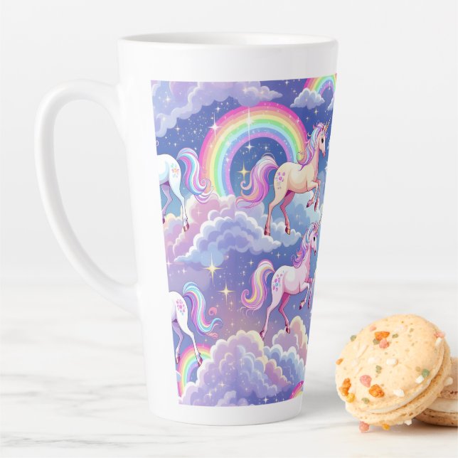 Sparkly rainbow and unicorns on clouds latte mug (In Situ)