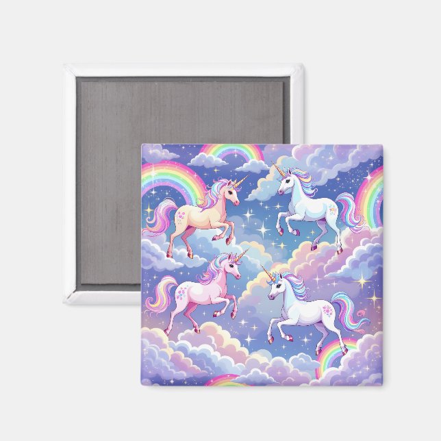 Sparkly rainbow and unicorns on clouds magnet (Front/Back)