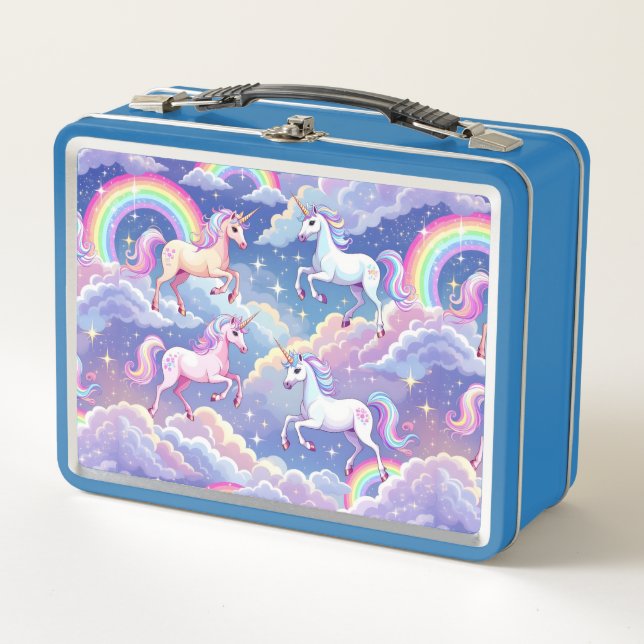 Sparkly rainbow and unicorns on clouds metal lunch box (Front)