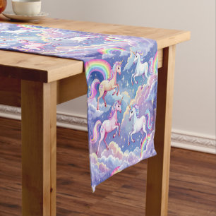 Sparkly rainbow and unicorns on clouds short table runner