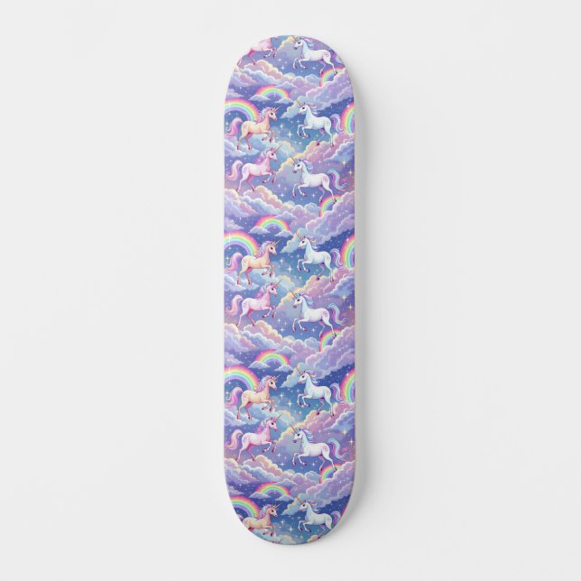 Sparkly rainbow and unicorns on clouds skateboard (Front)
