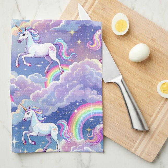 Sparkly rainbow and unicorns on clouds tea towel (Quarter Fold)