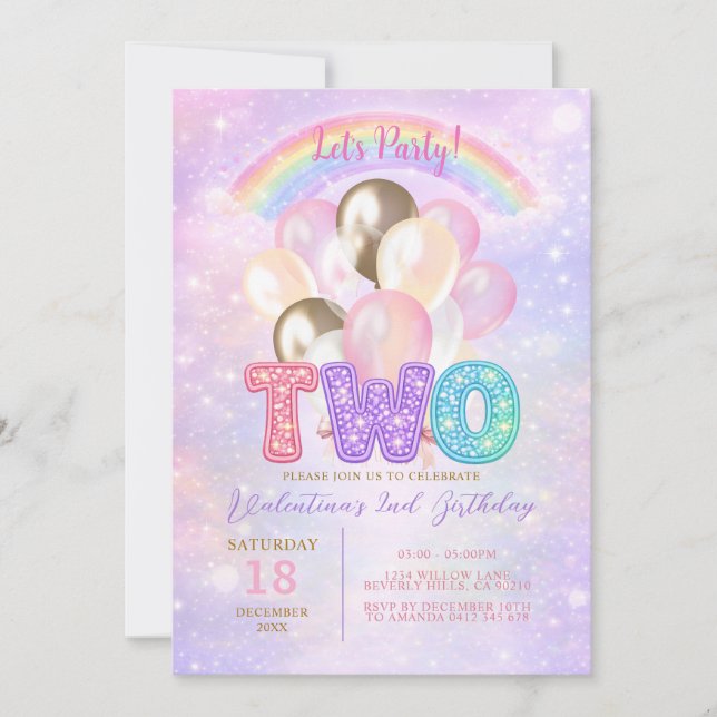 Sparkly Rainbow Glitter Balloon 2nd Birthday Invitation (Front)