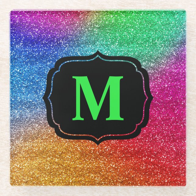 Sparkly Rainbow Gradient Glitter Monogram Glass Coaster (Front)