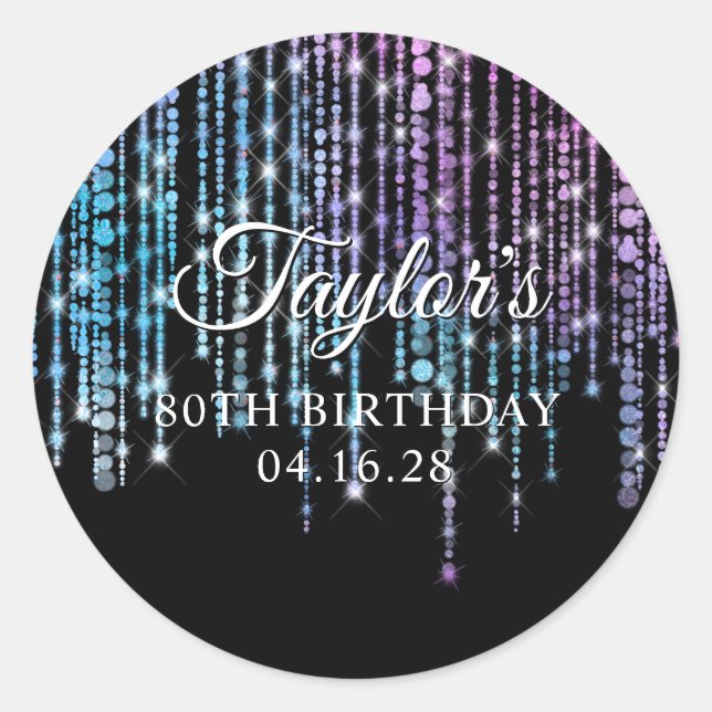 Sparkly Rainbow String Lights Black 80th Birthday Classic Round Sticker (Front)