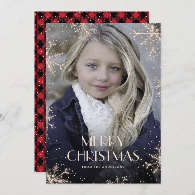 Sparkly Red Buffalo Plaid Photo Christmas Cards (Front/Back)