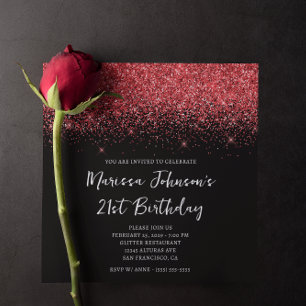 Sparkly Red Glitter Black 21st Birthday Invitation