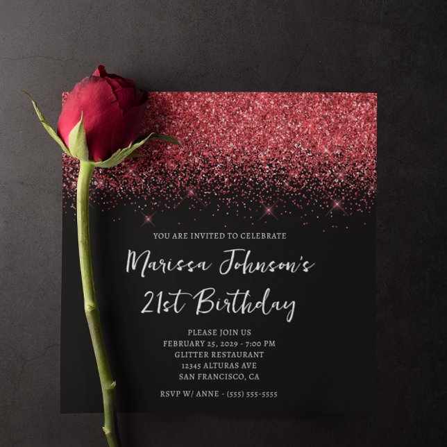 Sparkly Red Glitter Black 21st Birthday Invitation (Sparkly Red Glitter Black 21st Birthday Invitation)