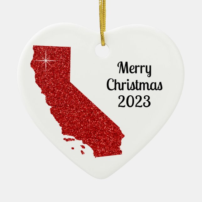 Sparkly Red Glitter California Merry Christmas Ceramic Tree Decoration (Front)