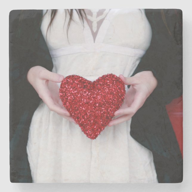 Sparkly Red Love Heart (Valentine's Day) Stone Coaster (Front)