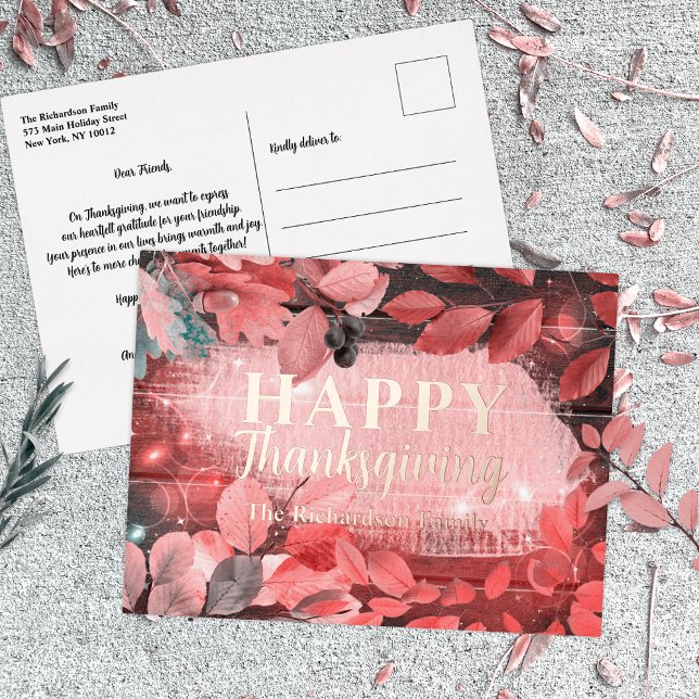 Sparkly Red Pink Leaves and Berries Thanksgiving Foil Holiday Postcard (Creator Uploaded)