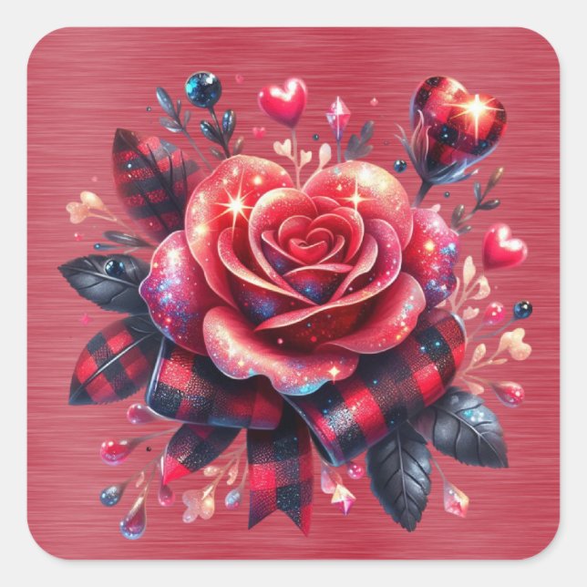 Sparkly Red Rose Plaid Ribbon Square Sticker (Front)