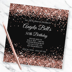 Sparkly Rose Gold Glitter 50th Birthday Black Invitation