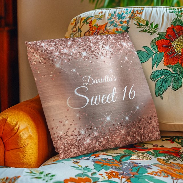 Sparkly Rose Gold Glitter and Foil Sweet 16 Cushion (Sparkly Rose Gold Glitter and Foil Sweet 16 Throw Pillow)