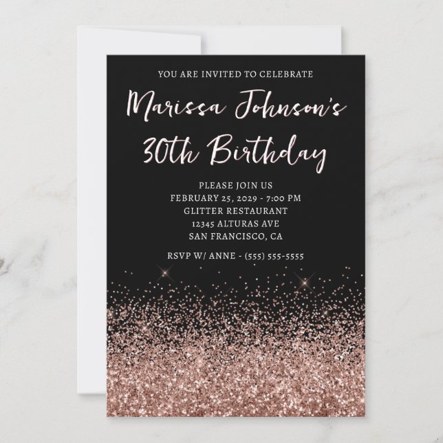 Sparkly Rose Gold Glitter Black 30th Birthday Invitation (Front)