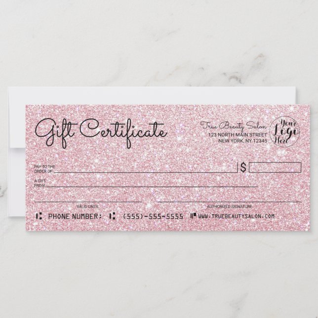 Sparkly Rose Gold Glitter Check Gift Certificate (Front)