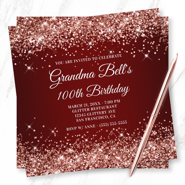 Sparkly Rose Gold Glitter Dark Red 100th Birthday Invitation (Creator Uploaded)