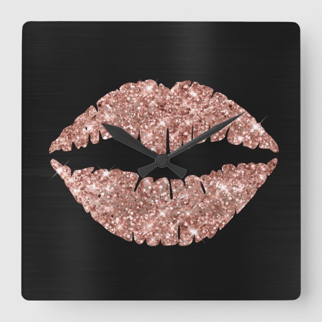 Sparkly Rose Gold Glitter Lipstick Black Foil Square Wall Clock (Front)