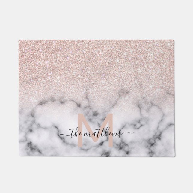 Sparkly Rose Gold Glitter Marble Ombre Doormat (Front)