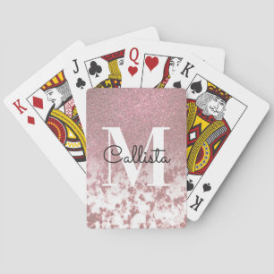 Sparkly Rose Gold Glitter Marble Ombre Monogram Playing Cards