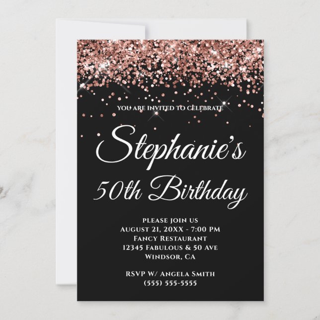 Sparkly Rose Gold Glitter Solid Colour Black Invitation (Front)