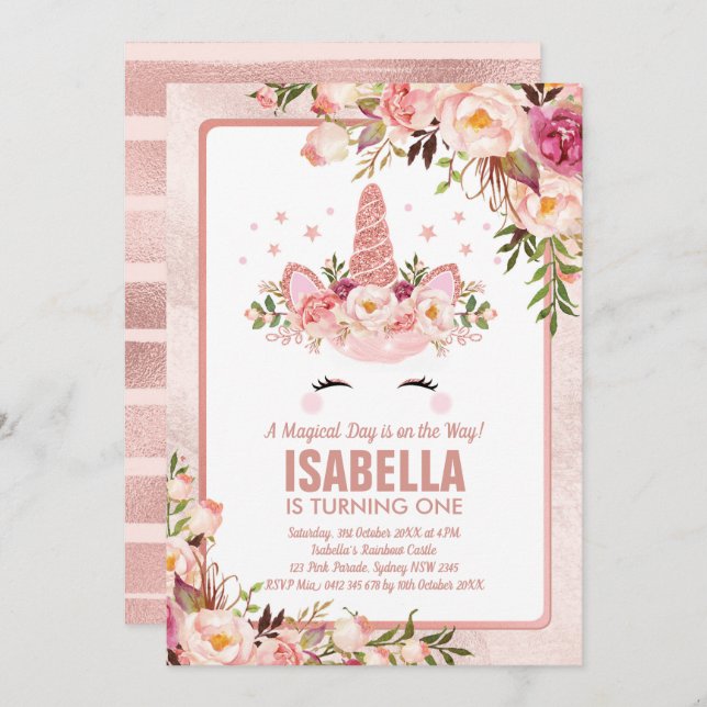 Sparkly Rose Gold Unicorn / Girly Magical Birthday Invitation (Front/Back)