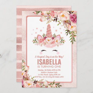 Sparkly Rose Gold Unicorn / Girly Magical Birthday Invitation