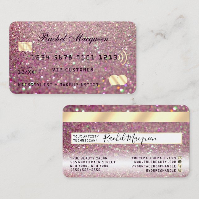 Sparkly Rose Pink Gold Glitter Credit Business Card (Front/Back)