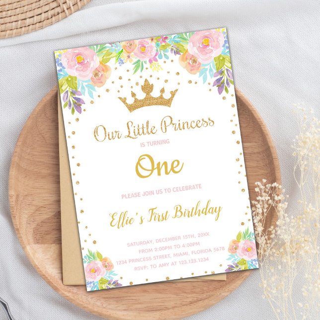 Sparkly Royal Party Card for Girls (Glitter Crown Princess Birthday Invitations)