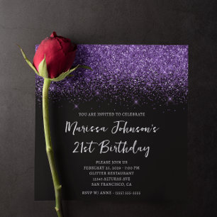 Sparkly Royal Purple Glitter Black 21st Birthday Invitation