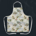 Sparkly Rustic Christmas Winter Scenes Collage Apron<br><div class="desc">Magical sparkles,  snowflakes vintage-inspired vignettes featuring winter birds,  snow-covered rustic cottages and landscapes,  elegant filigree borders,  holly and snowflakes on rich artisan blue,  gold and white distressed background.</div>