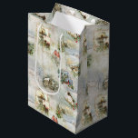 Sparkly Rustic Christmas Winter Scenes Collage Medium Gift Bag<br><div class="desc">Magical sparkles,  snowflakes vintage-inspired vignettes featuring winter birds,  snow-covered rustic cottages and landscapes,  elegant filigree borders,  holly and snowflakes on rich artisan blue,  gold and white distressed background.</div>
