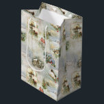 Sparkly Rustic Christmas Winter Scenes Collage Medium Gift Bag<br><div class="desc">Magical sparkles,  snowflakes vintage-inspired vignettes featuring winter birds,  snow-covered rustic cottages and landscapes,  elegant filigree borders,  holly and snowflakes on rich artisan blue,  gold and white distressed background.</div>