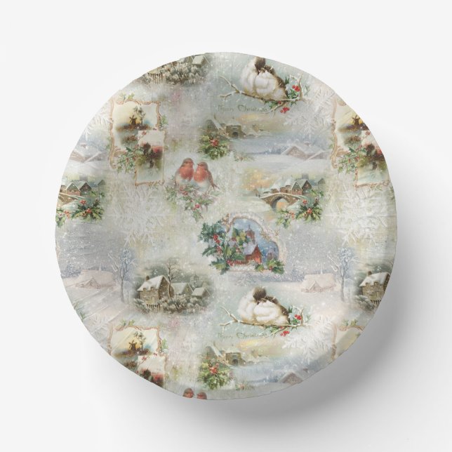 Sparkly Rustic Christmas Winter Scenes Collage Paper Plate (Front)