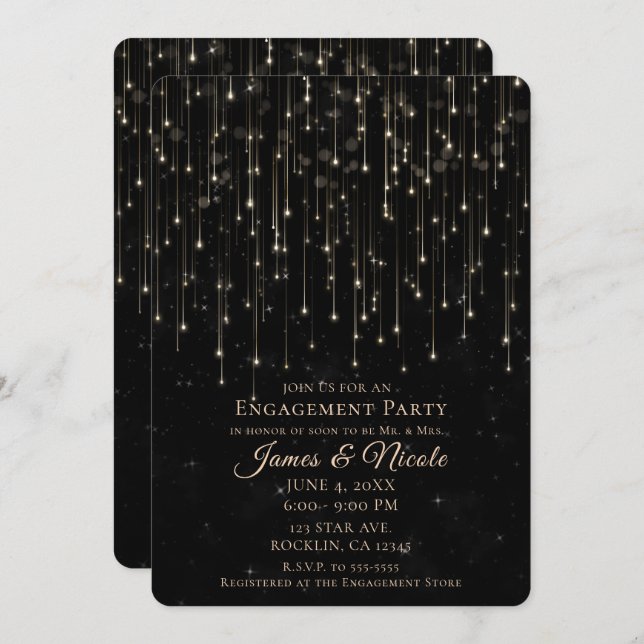 Sparkly Shooting Stars Black Chic Engagement Party Invitation (Front/Back)