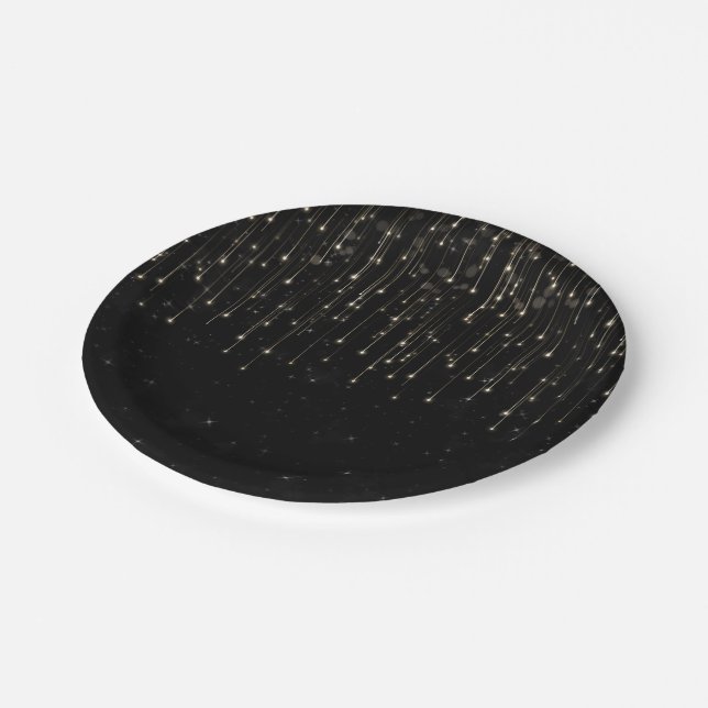 Sparkly Shooting Stars Black Chic Engagement Party Paper Plate (Angled)