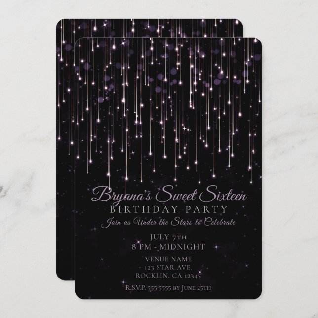Sparkly Shooting Stars Purple Sweet 16 Party Invit Invitation (Front/Back)