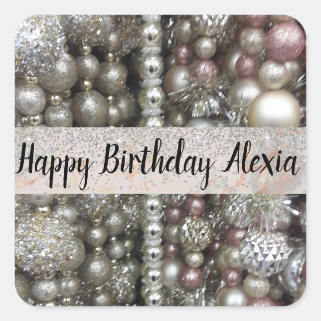 Sparkly Silver and Pink Stringed Beads       Square Sticker (Front)