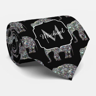 Sparkly silver Elephant pattern on black Monogram Tie