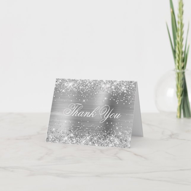 Sparkly Silver Faux Glitter and Shiny Foil Thank You Card (Front)