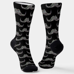 Sparkly silver faux glitter Moustache pattern blac Socks