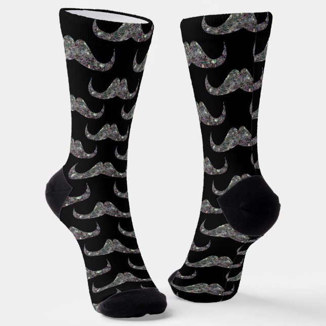 Sparkly silver faux glitter Moustache pattern blac Socks (Angled)