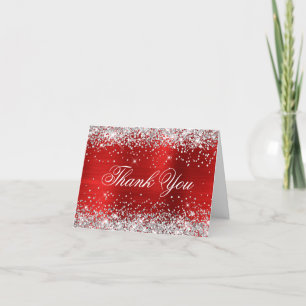 Sparkly Silver Faux Glitter Red Foil Thank You Card