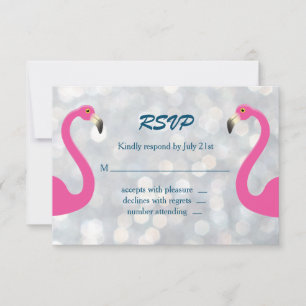 Sparkly Silver Flamingo Wedding RSVP Card