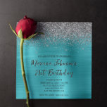 Sparkly Silver Glitter Aqua Blue 21st Birthday Invitation<br><div class="desc">A glamourous 21st birthday square shaped invitation for her. Faux sparkly silver glitter against a faux aqua blue brushed metal foil. All the glitter and sparkle elements in this modern girly design are digital graphics that print like a photo. If you change the font colour, check the drop shadow settings....</div>