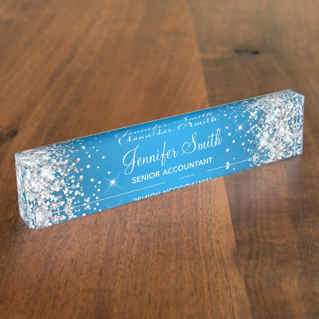 Sparkly Silver Glitter Azure Gradient Nameplate (Side)